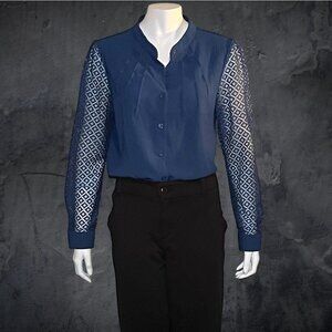 B Blue Lace Sleeve Button Down Blouse Size M